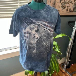 90s Wolf, Moon + American Flag Tie Dye Navy + White T-Shirt - XL
